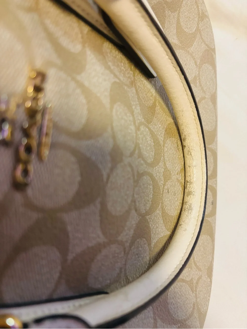 Coach Beige Signature Canvas Satchel with White Trim